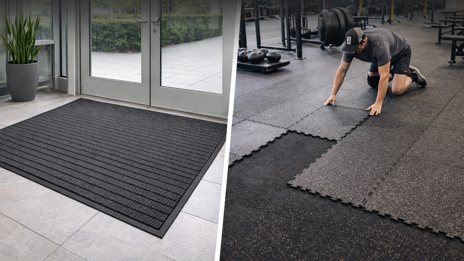 Commercial entrance mats and interlocking rubber gym flooring tiles for gyms and businesses