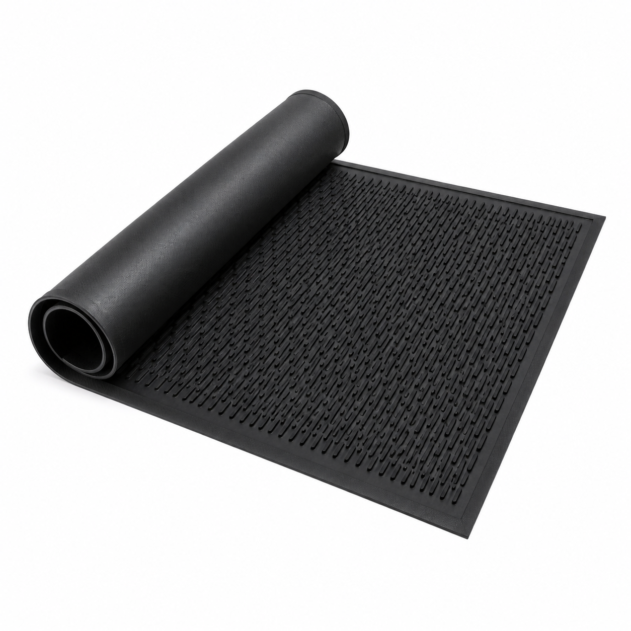 Black rubber scraper mat partially rolled to show its flexible construction