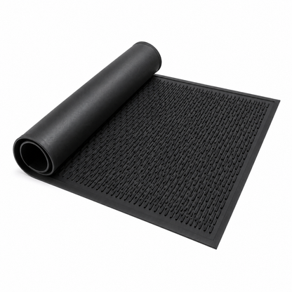 Black rubber scraper mat partially rolled to show its flexible construction