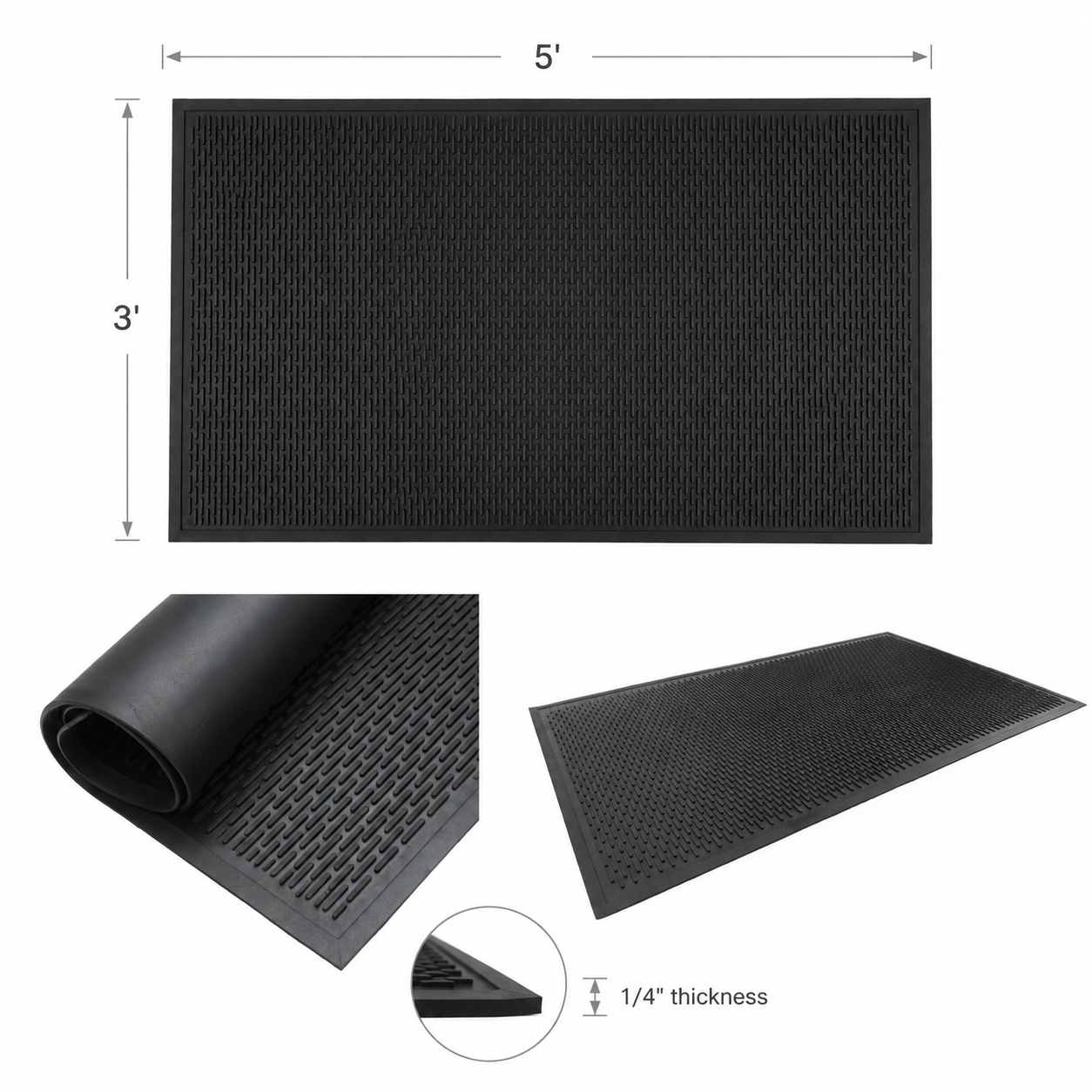 Scraper mat dimensions showing 3 ft x 5 ft size and 1/4 inch thickness