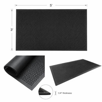Scraper mat dimensions showing 3 ft x 5 ft size and 1/4 inch thickness